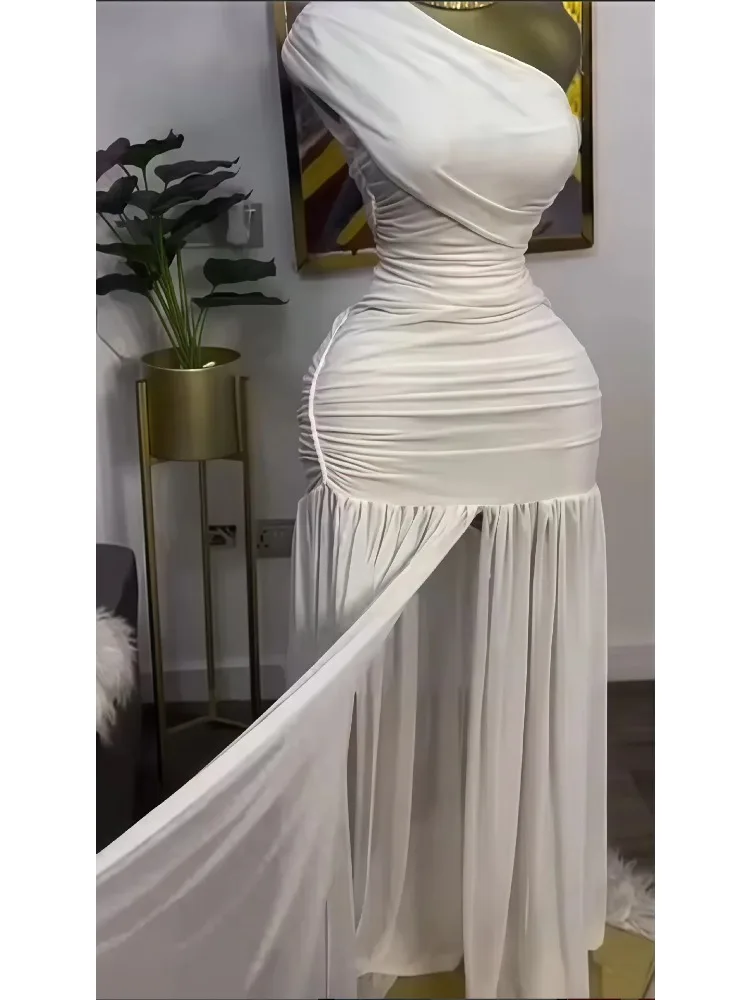 Damska Sukienka Maxi Bodycon z Jednym Ramieniem, Asymetrycznym Dekoltem, Wysokim Rozcięciem, Plisowanym Dołem, Długa, Wieczorowa, Sexy, Klubowa, na Imprezę, Vestido 2025