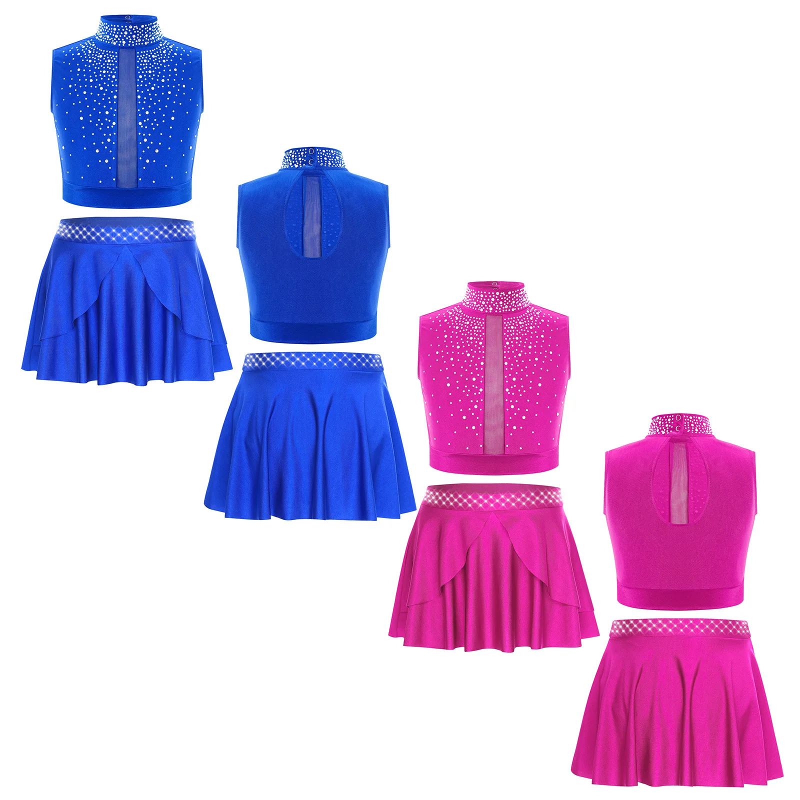 ‌ Tenue de danse contemporaine en strass pour filles, haut arrière avec trou de serrure et jupe à ourlet irrégulier, slip intégré pour spectacle de jazz latin