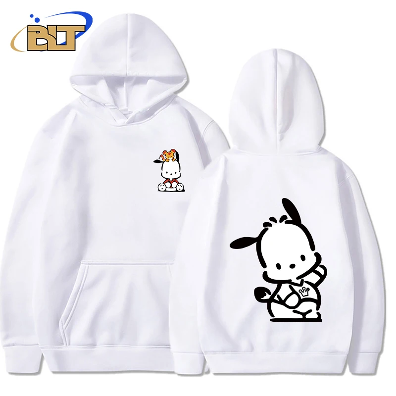 Pochacco Printed Men's Autumn and Winter Hoodie Plus Fleece Sports Sweater White Loose Top