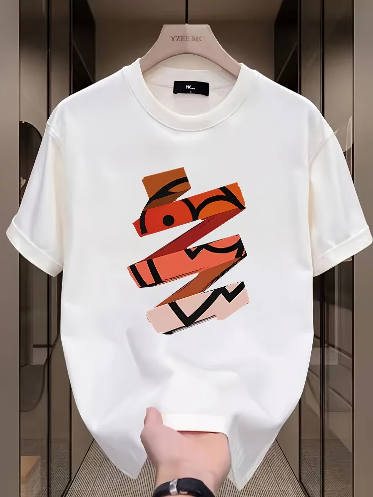 

Женская хлопковая футболка с принтом, повседневный топ с короткими рукавами и круглым вырезом, оранжево-белый дизайн с абстрактным узором, повседневная одежда