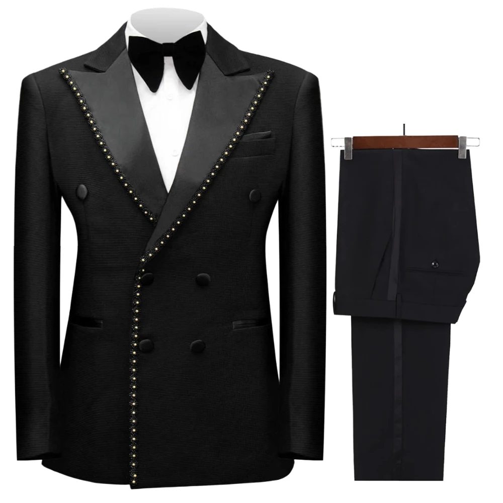 Costume de cérémonie croisé perlé pour homme, 2 pièces, smoking de marié sur mesure, ensemble veste 