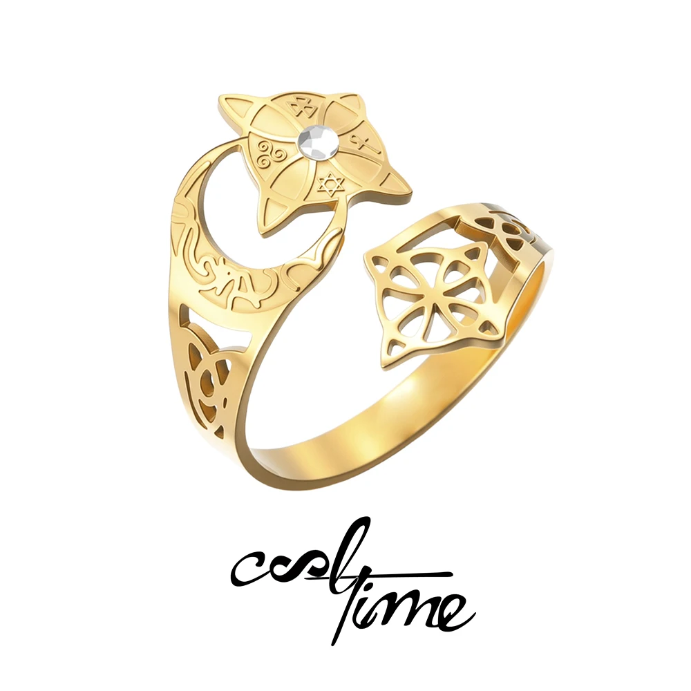 Gold Color Crescent Moon Wicca Ring For Women Celtic Knot Witch's Knot Stainless Steel Open Ring Goddess Pagan Talisman Jewelry