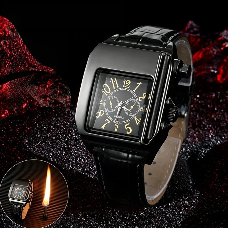Creative Reusable Match Watch Lighter Unique 2 In 1 Quartz Wrist Watch & Metal Permanent Match Igniter Vintage Men Fashion Gift