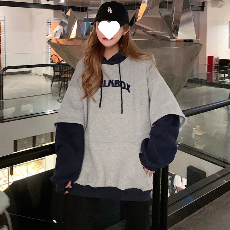 Women Letter Print Hoodies Casual Pullover Fashion Korean Long Sleeve Patchwork Preppy Style Fake 2-piece Hooded Sweatshirt Tops