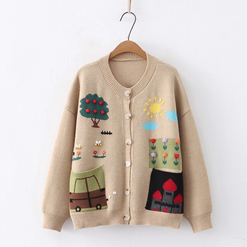 Pull Jacquard Brodé Dessin Animé pour Femme, Cardigan Chaud Kawaii, Grande Poche, Col Rond, Mori Girl, Femme, Automne, Hiver, Nouveau, U397