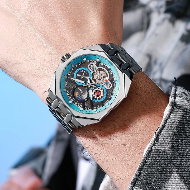 

Dulunwe оригинальные автоматические мужские часы с фазой Луны, водонепроницаемые механические часы для мужчин, наручные часы со светящейся шкалой