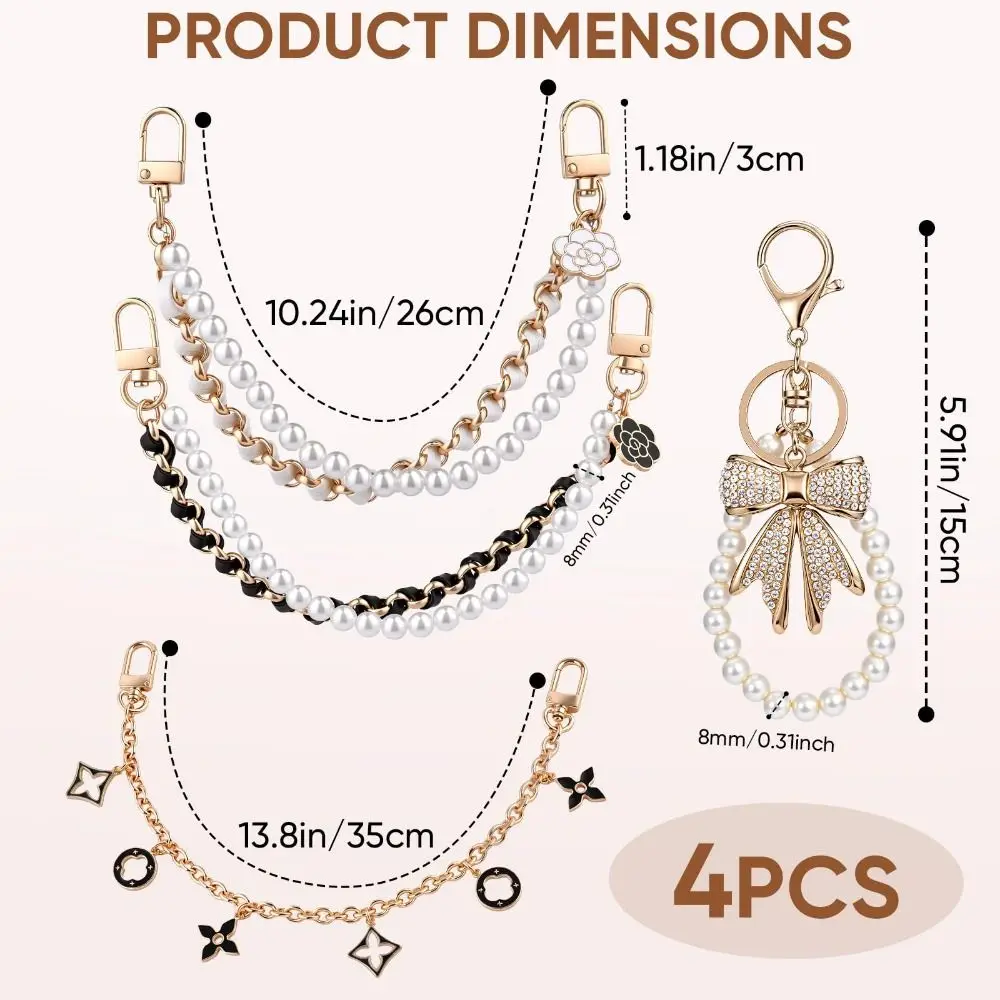 Pearl Beads Purse Charm Set Detachable Rhinestone Handbag Accessories Set Gold Tone Hardware Double Chain Phone Charm