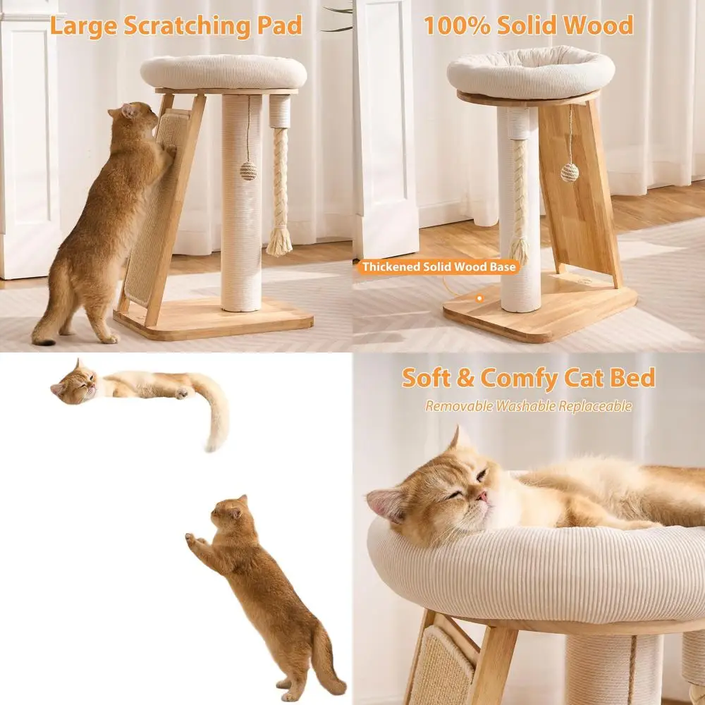 

Компактная деревянная лежанка-когтеточка для кошек с подвесным мячиком и интерактивной веревкой