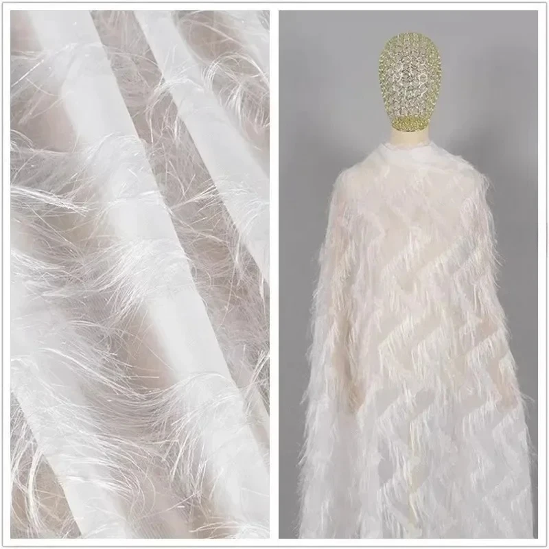 

Jacquard Chiffon Fabric White Tassel Feather Dress Fashion Apparel Sewing Fabric Wholesale Cloth for By The Meter Diy Material