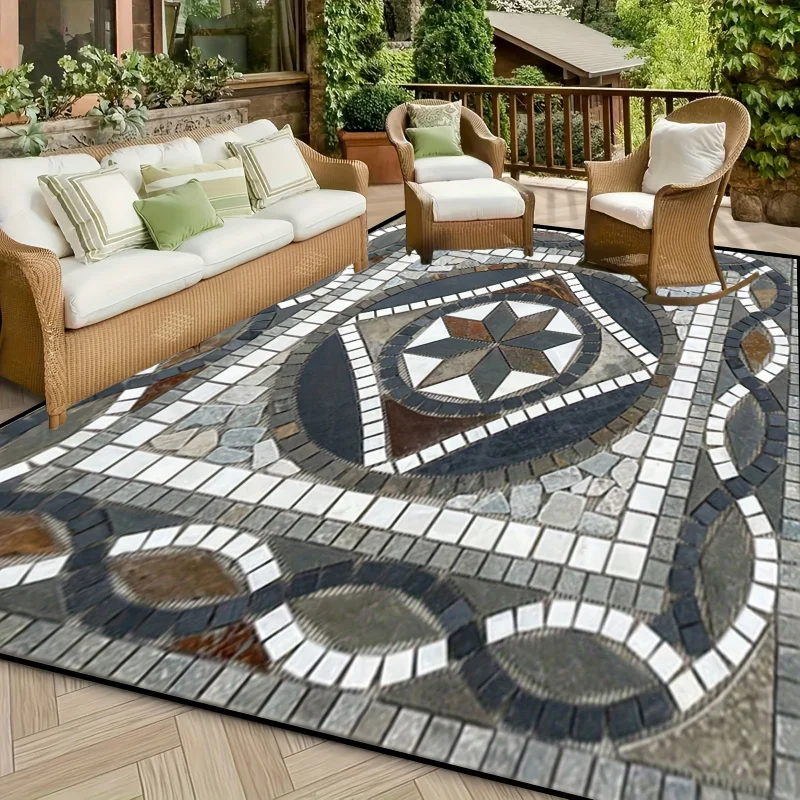 VIKAMA Mosaic Tile Print Area Rug Outdoor Indoor Non Slip Waterproof Carpet for Patio Garden Balcony Living Room Decor Floor Mat