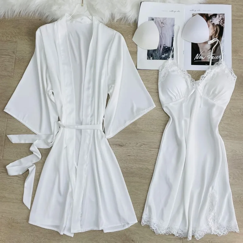 

Nightdress Set White Wedding Robe Suspender Sleepwear Loose Thin Rayon Home Dress with Chest Pad Summer Women Kimono Bathrobe