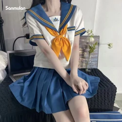 White blue School Uniform Dress Japanese Schoolgirls Sailor Top Tie Pleated Skirt Outfit Cosplay Costume Japan Anime Girl Lady