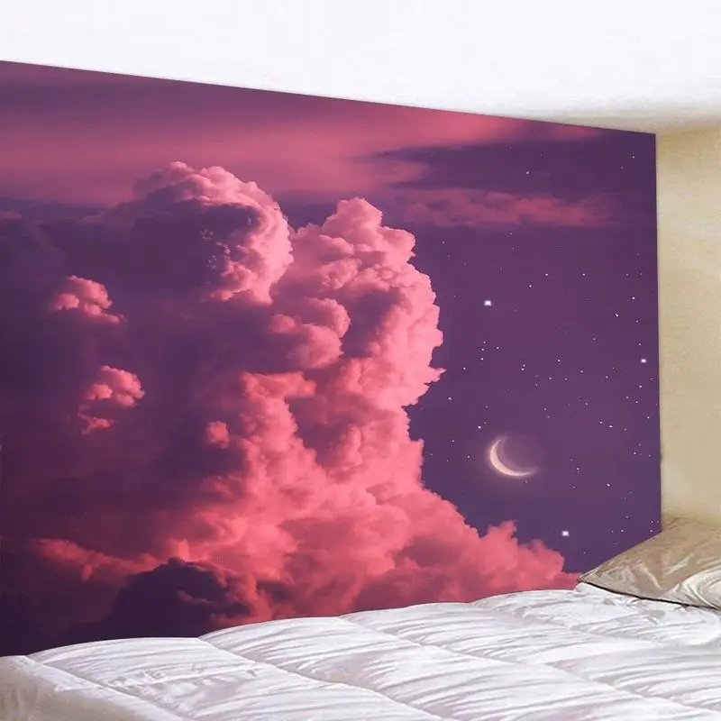VIKAMA Pink Purple Starry Sky Cloud Sea Curved Moon Tapestry Romantic Healing Background Cloth Warm Tapestry Room Decoration