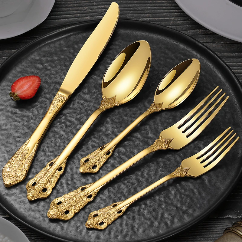 Deluxe Vintage Fork Set Gold and Silver Color Matching Stainless Steel Mirrored Serving Forks Dishwasher Safe Gold Court Style