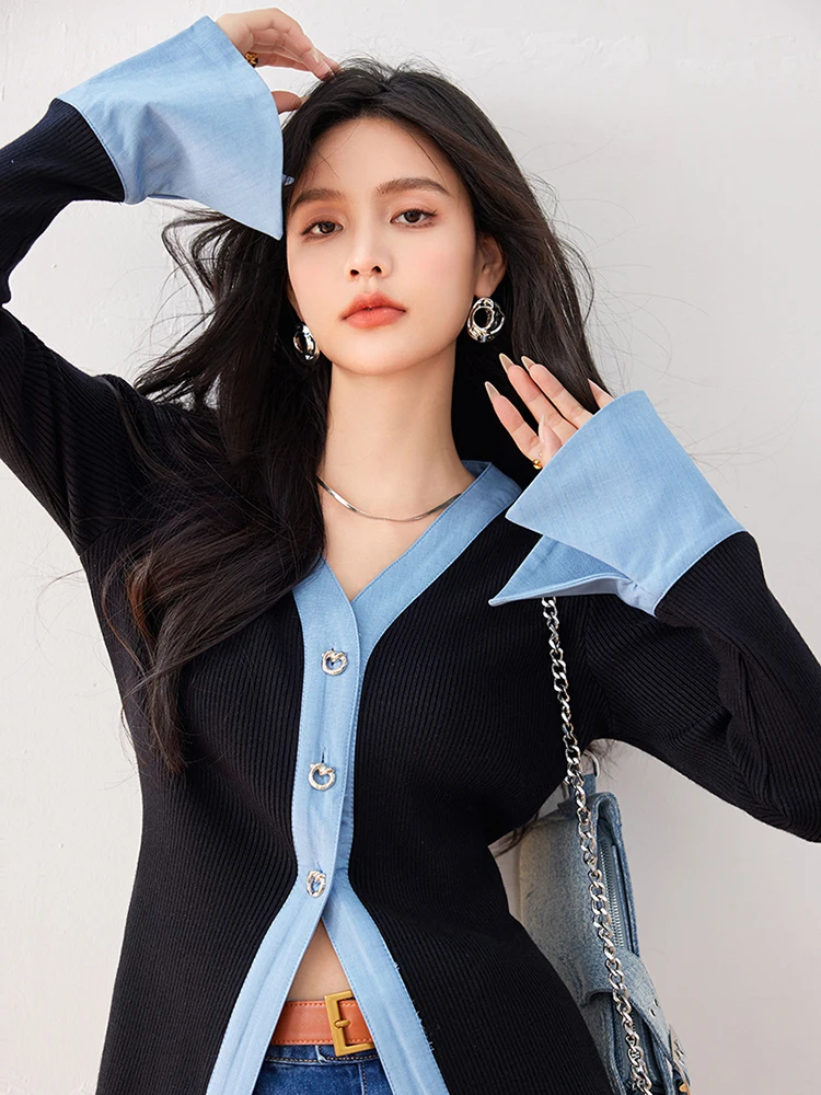Maglione lavorato a maglia da donna autunno New Splicing Contrast Color top Cardigan lavorato a maglia con scollo a v delicato Fashion Niche Design
