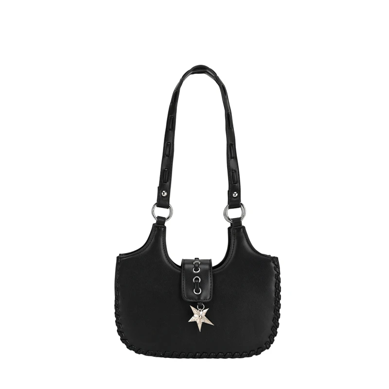 Solid PU Hobo Shoulder Bag Women Star Pendant Woven Edge Detail Multi-way Handheld Shoulder Crossbody Fashion Casual Daily Purse