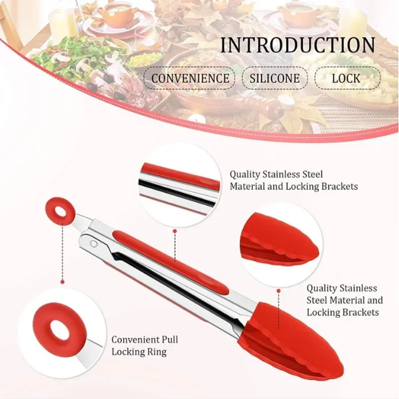 9-inch Silicone Food Tongs Grill Stainless Steel Food Grade Silicone Tip Non-slip Food Tongs BBQ Tongs Kitchen Utensils