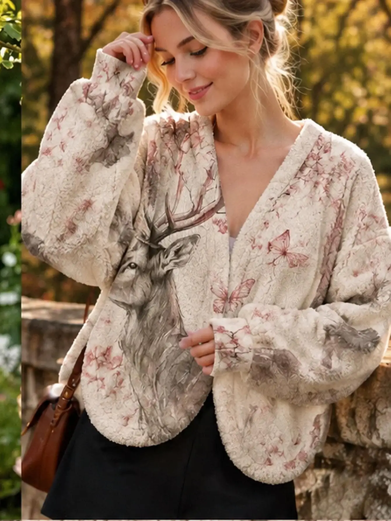 Women Plus Size Deer Butterfly Floral Print Sherpa Fleece Crop Cardigan V Neck Long Sleeve Open Front Warm Outerwear