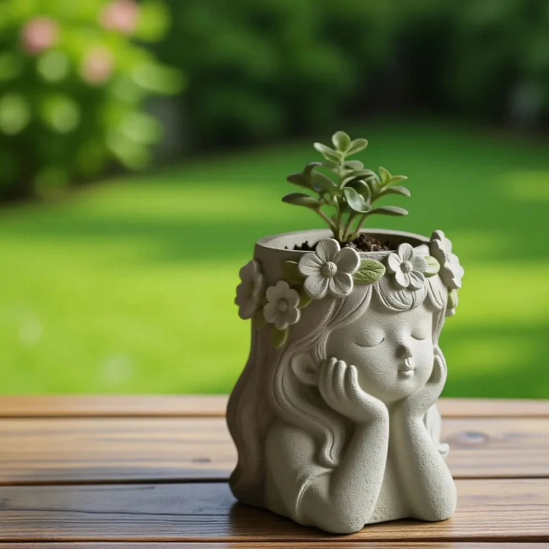 

1PC Silicone Mold for DIY Candle Flower Pot Resin Storage Box - Girl Wearing a Wreath Shape Vase Concrete Container Mold