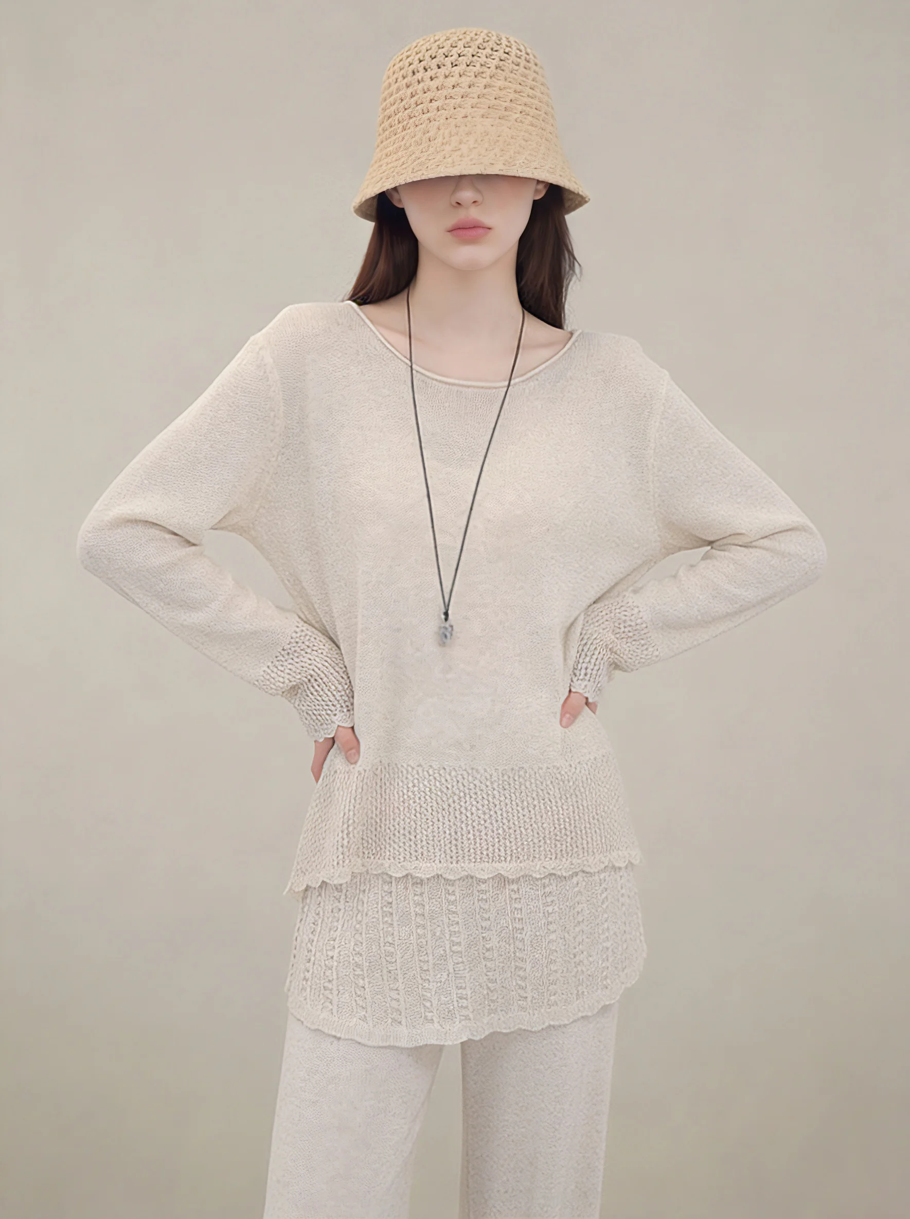 

2026 Spring Fashion Knitted Long Sleeve Top And Pants Set Women's High Waist Casual Style Mid-Thick round Neck Loose Fit Set