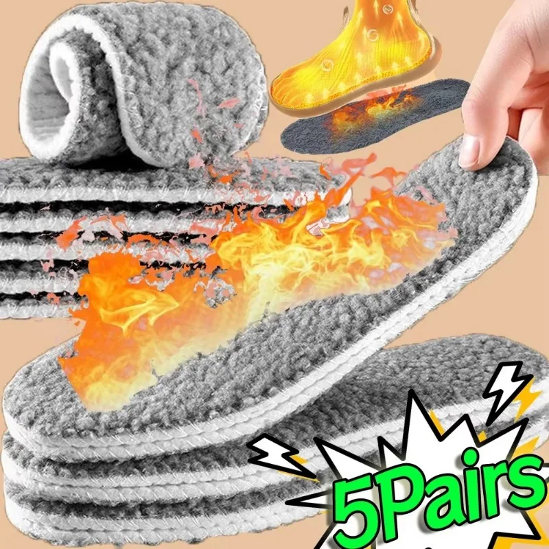 5/1pairs Thermal Thicken Plush Insole Wool Memory Foam for Unisex Sports Shoes Pad Soft Chill-proof Self-heating Shoe Pads