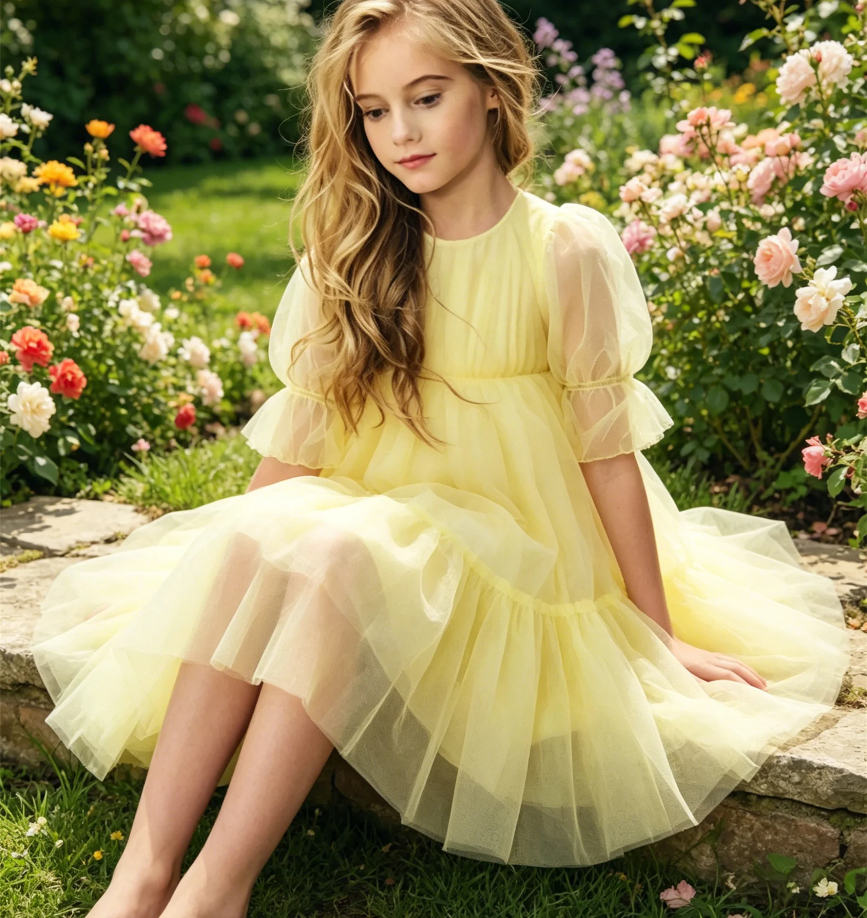 

Simply Flower Girl Dresses for Wedding Short Sleeves A-line Tulle Knee Lenght Kids Birthday First Communion Gowns Customized