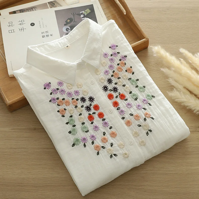 Japanese Sweet Mori Girl Flower Embroidery Double Layer Cotton Shirts Women Spring Turn Down Collar Long Sleeve Casual Blouse