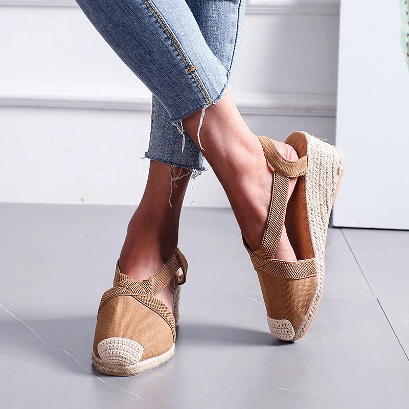 Grandi dimensioni estate donna tacchi alti espadrillas suola sandali con zeppa pantofola femminile paglia tessitura gladiatore Slingback scarpe da