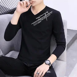 2023 Spring and Autumn Men's New Fashion Commuter Thin V-neck Long Sleeve Letter Printed Casual Comfortable Versatile T-shirt