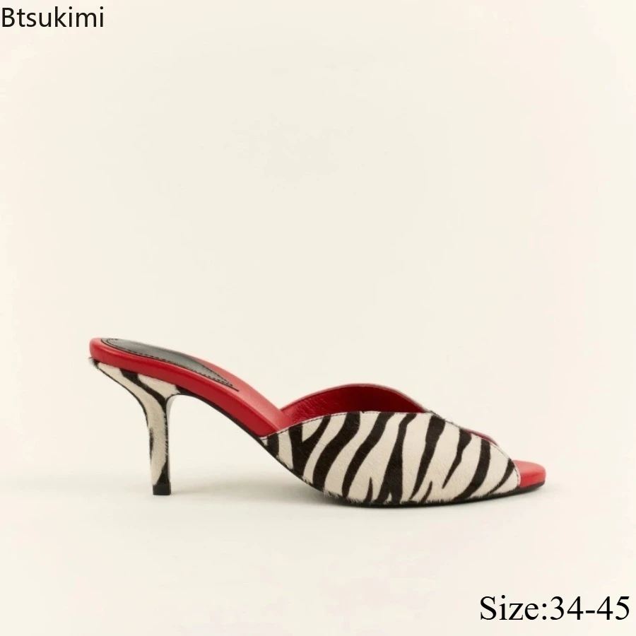 Women Fashion Zebra Print High-heeled Slippers V-shaped Open Toed Slim High-heeled Sandals Ladies Mule Shoes Casual Formal Shoes