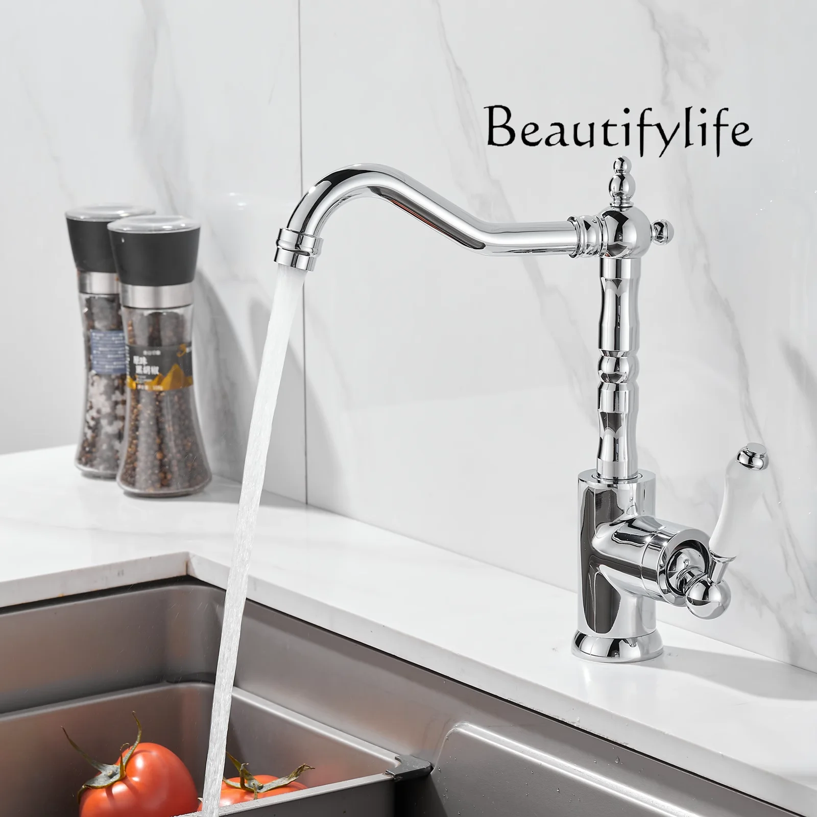 

French retro silver faucet kitchen balcony sink vegetable basin rotatable laundry pool all copper hot and cold