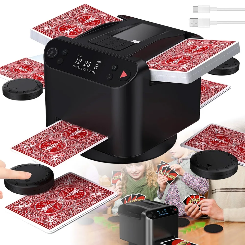 Machine à mélanger les cartes électrique automatique avec télécommande sans fil, 4 boutons de distribution, mélangeur de cartes rapide et fluide pour le poker, l'Uno, le Blackjack, outil pratique et économique pour les soirées de jeux en famille et les fêtes