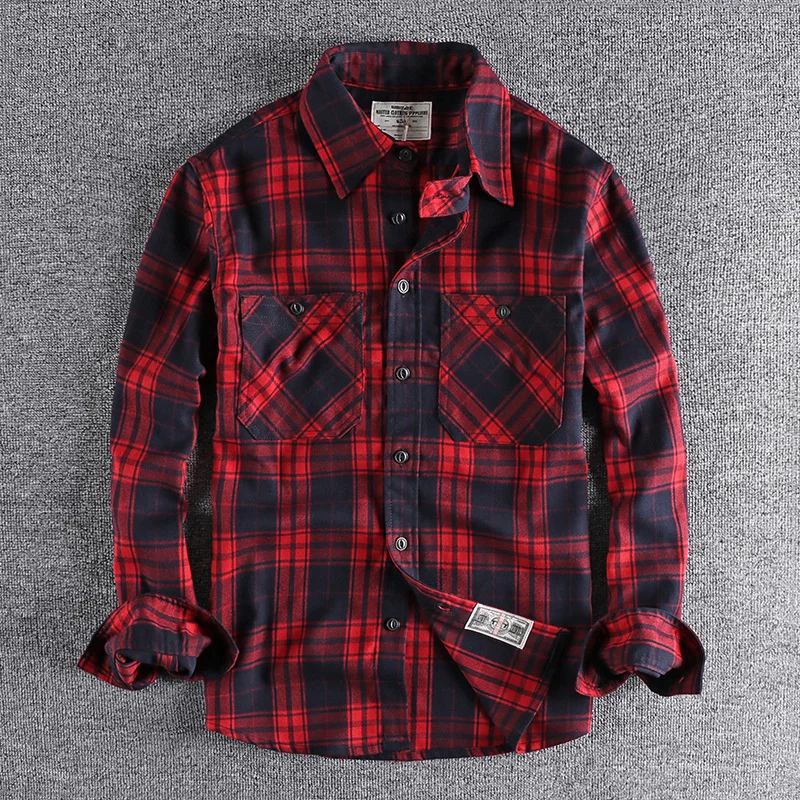 American Casual Wear Men Plaid Shirt Fashion Thickened Double Pocket Work Clothes Long Sleeved Shirt Male Tops Clothes