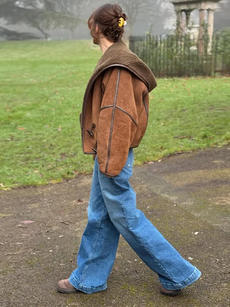 

﻿ Retro Double-Sided Suede Fleece Hooded Jackets Women Long Sleeve Turn-down Collar Horn Button Pocket Short Coat 2025 Winter