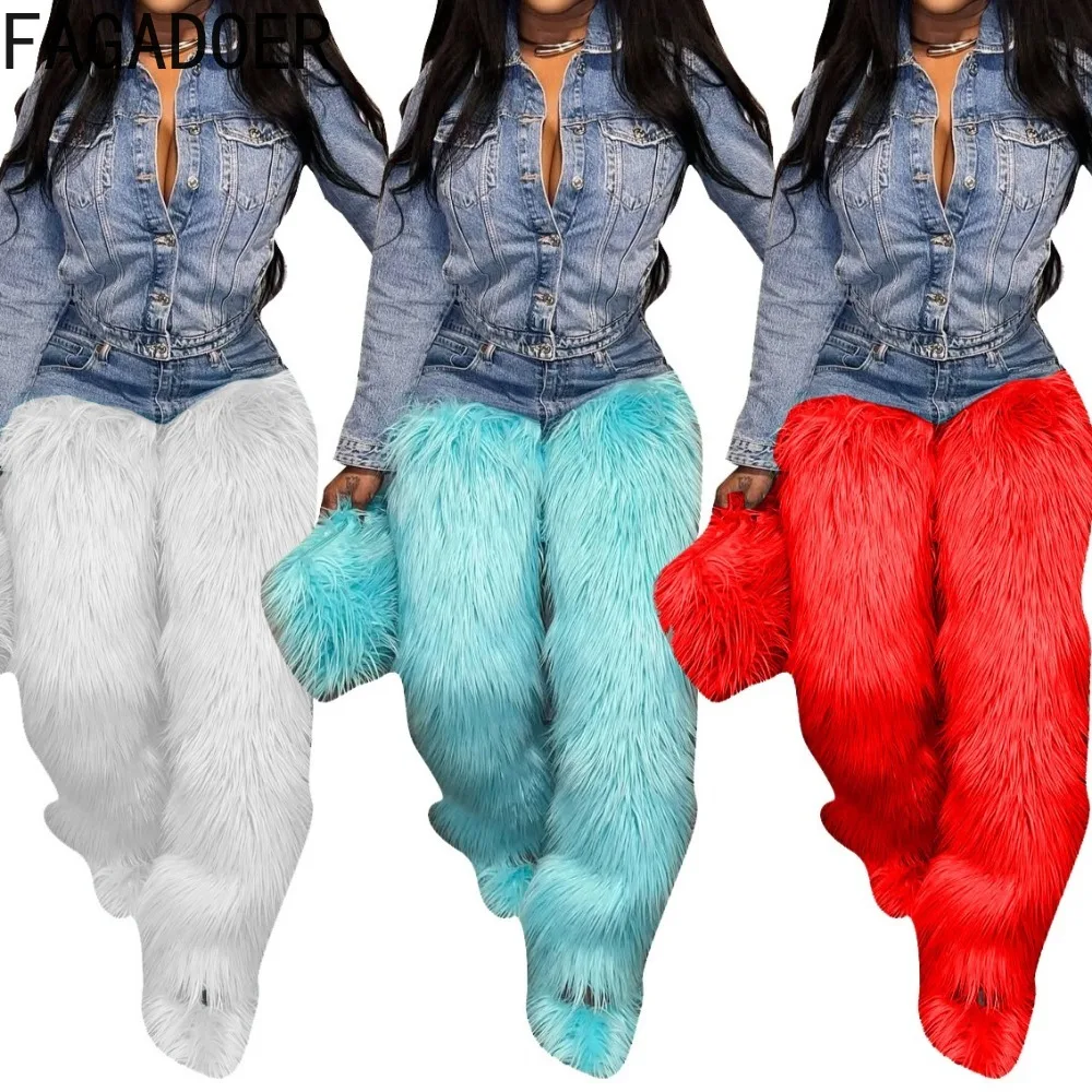 

FAGADOER Fashion Denim Fur Patchwork Bodycon Pants Women Solid Color High Waist Straight Tube Pants Female Streetwear Bottoms