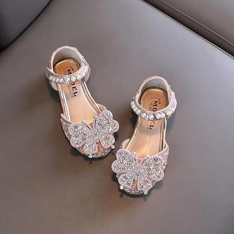 New Girls Sandals Bling Butterfly Princess Party Dance Shoes Student Flats Kids Performance Shoes Children Pearl Wedding H250