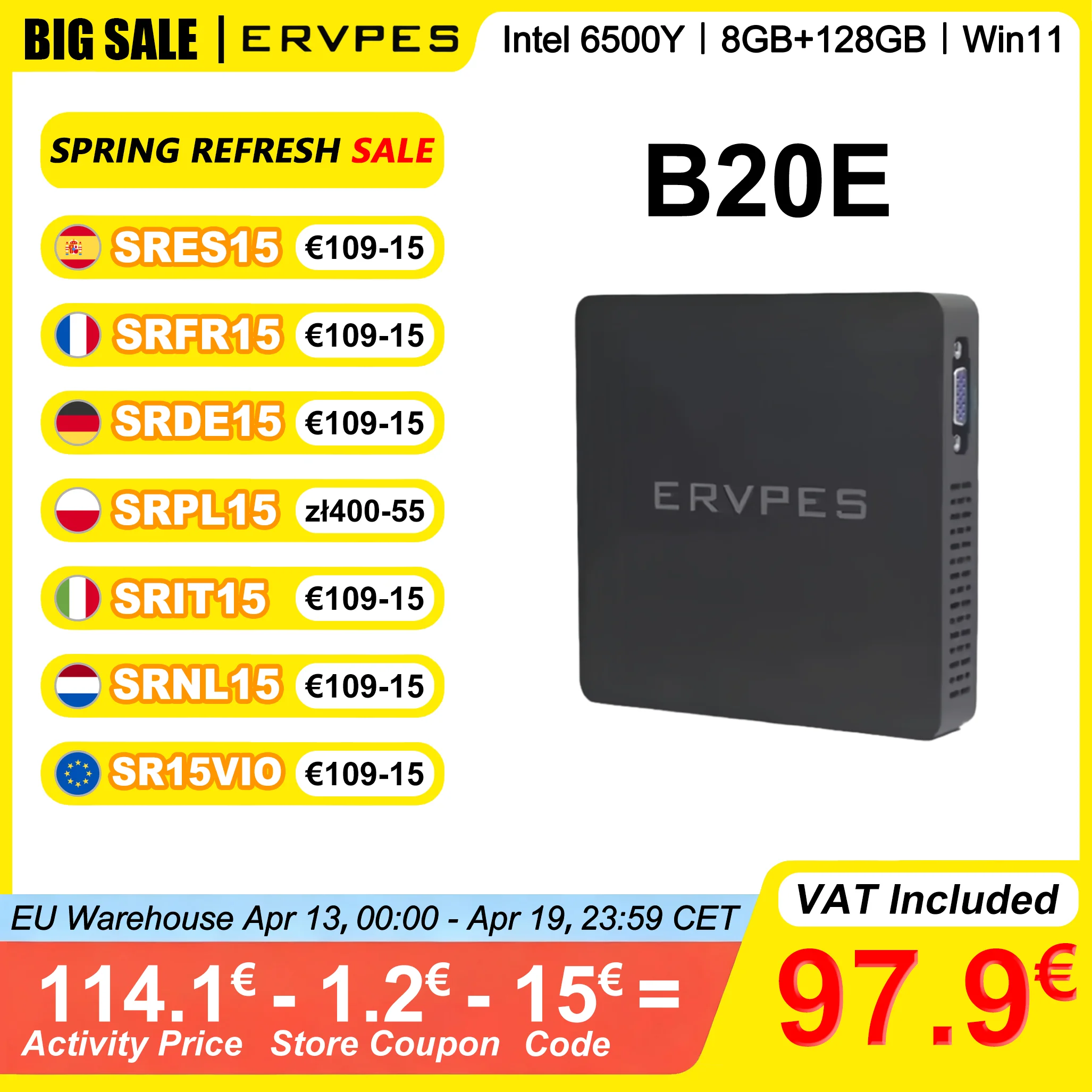 ERVPES B20E Mini-PC 8GB RAM 128GB SSD ROM Intel 6500Y Windows 11 BT5.2 Apollo Lake Desktop-Mikrocomputer Dual-Band HDMI WLAN