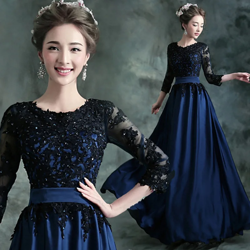 

Blue And Black Long Sleeved Sequined Bride's Wedding Dress A-line Skirt Banquet Annual President's Evening Dress Customized