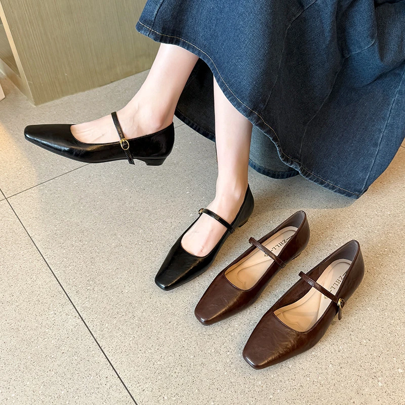 

Womens Black Brown Leather Square Toe Mary Jane Flats With Adjustable Buckle Strap Low Heel Comfortable Office Daily Shoes