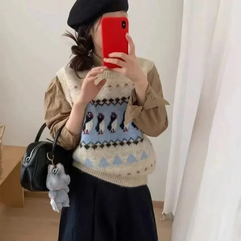 Cute Cartoon Jacquard Sweater Vest Women Vintage O Neck Sleeveless Pullover 2025 Autumn Winter Overlap Knitted Crop Top