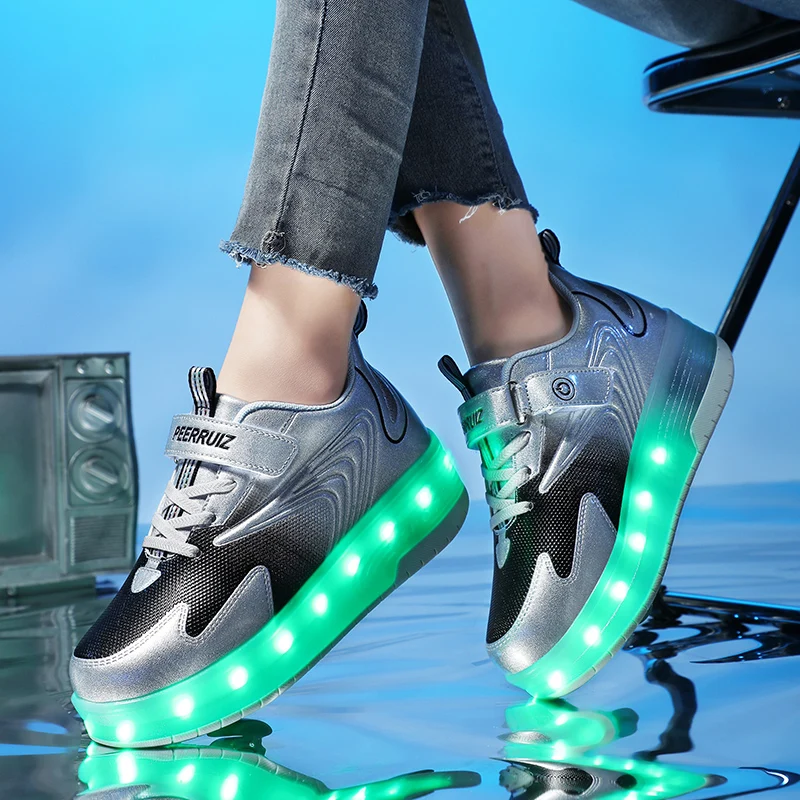 Dziecięce trampki podświetlana dioda LED buty Casual chłopięce buty do biegania z podwójne koła ładowaniem USB sportowe buty dziewczęce na rolkach