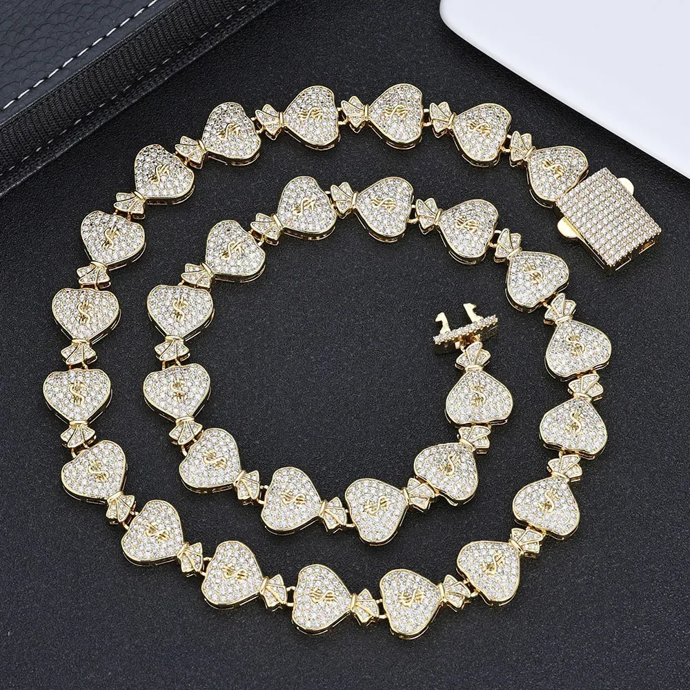 Iced Link Chain Hip Hop 15mm USD Money Bag Cuban Jewelry Premium Zircon Men's Wholesale