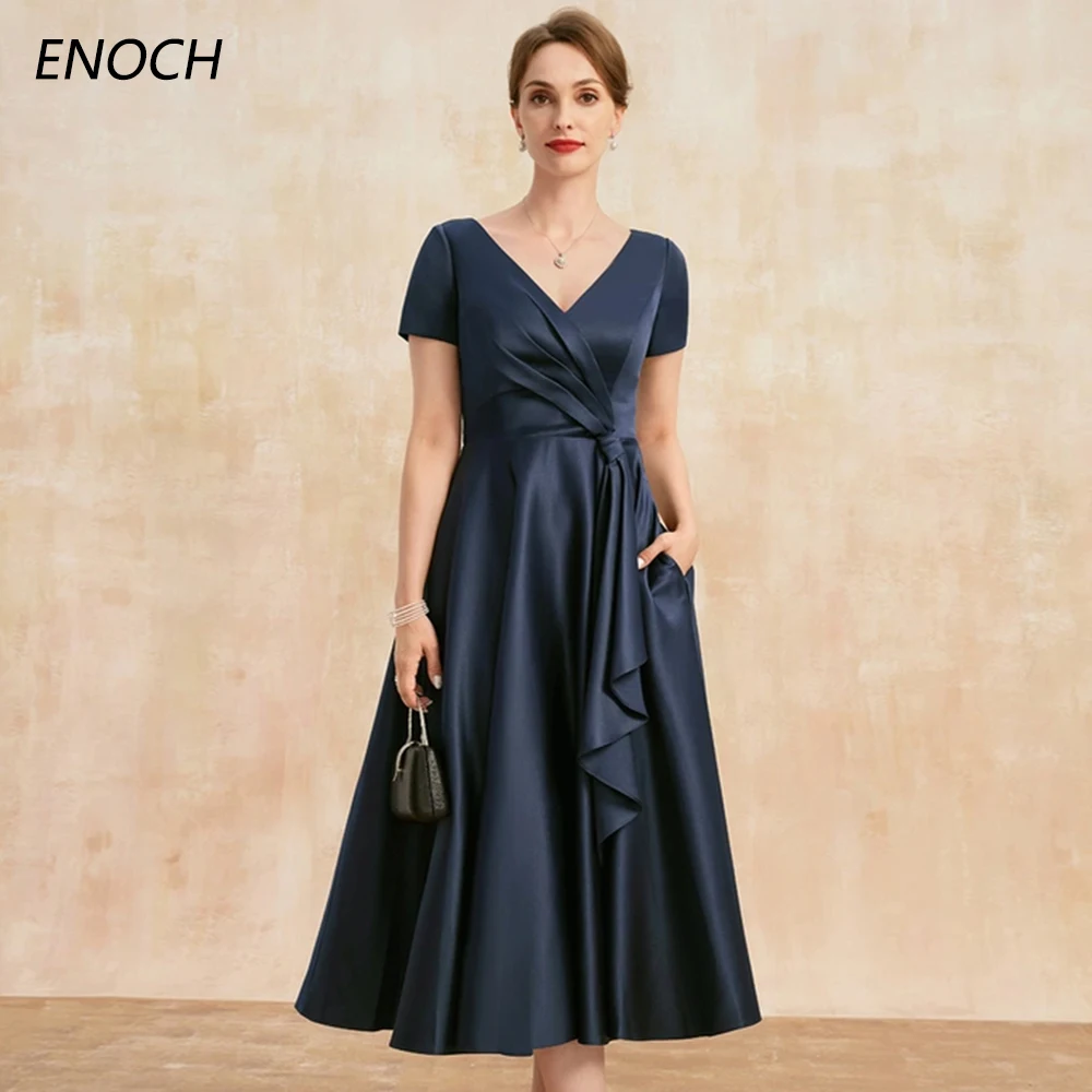 ENOCH Simple V-Neck Mother Of The Bride Dress Short Sleeves Zipper Wedding Formal Gown Pockets Tea Length New فستان حفلات الزفاف