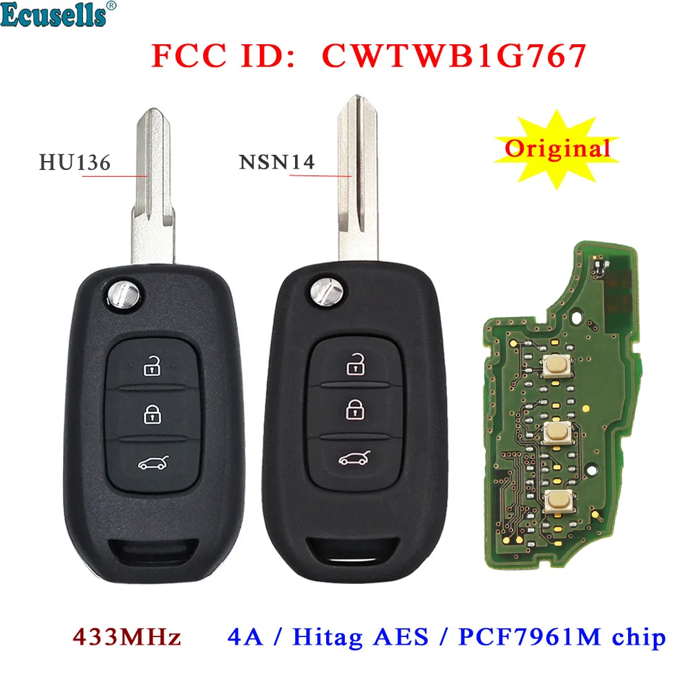 

Оригинальный 3-кнопочный откидной дистанционный ключ Ecusells, 433 МГц, 4A PCF7961M, чип для Renault Kadjar Captur Megane 3 CWTWB1G767 HU136/NSN14