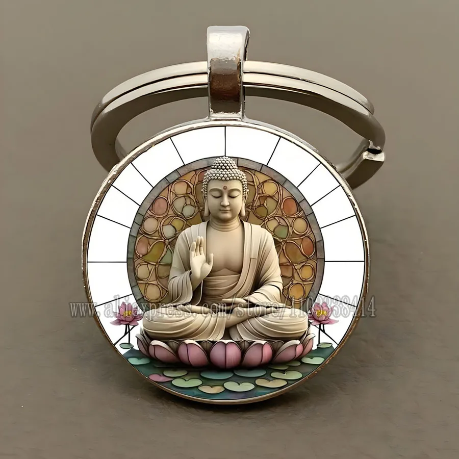 Retro Buddha Glass Keychain Key Ring Buddha Design Spiritual Gift of Relaxation Respect and Blessing