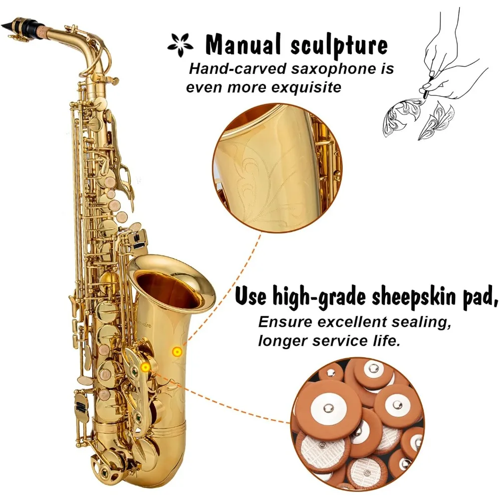 Gold E Flat Alto Saxophone Brass Engraved Eb E-Flat Natural White Shell Button Wind Instrument with Case Belt Brush