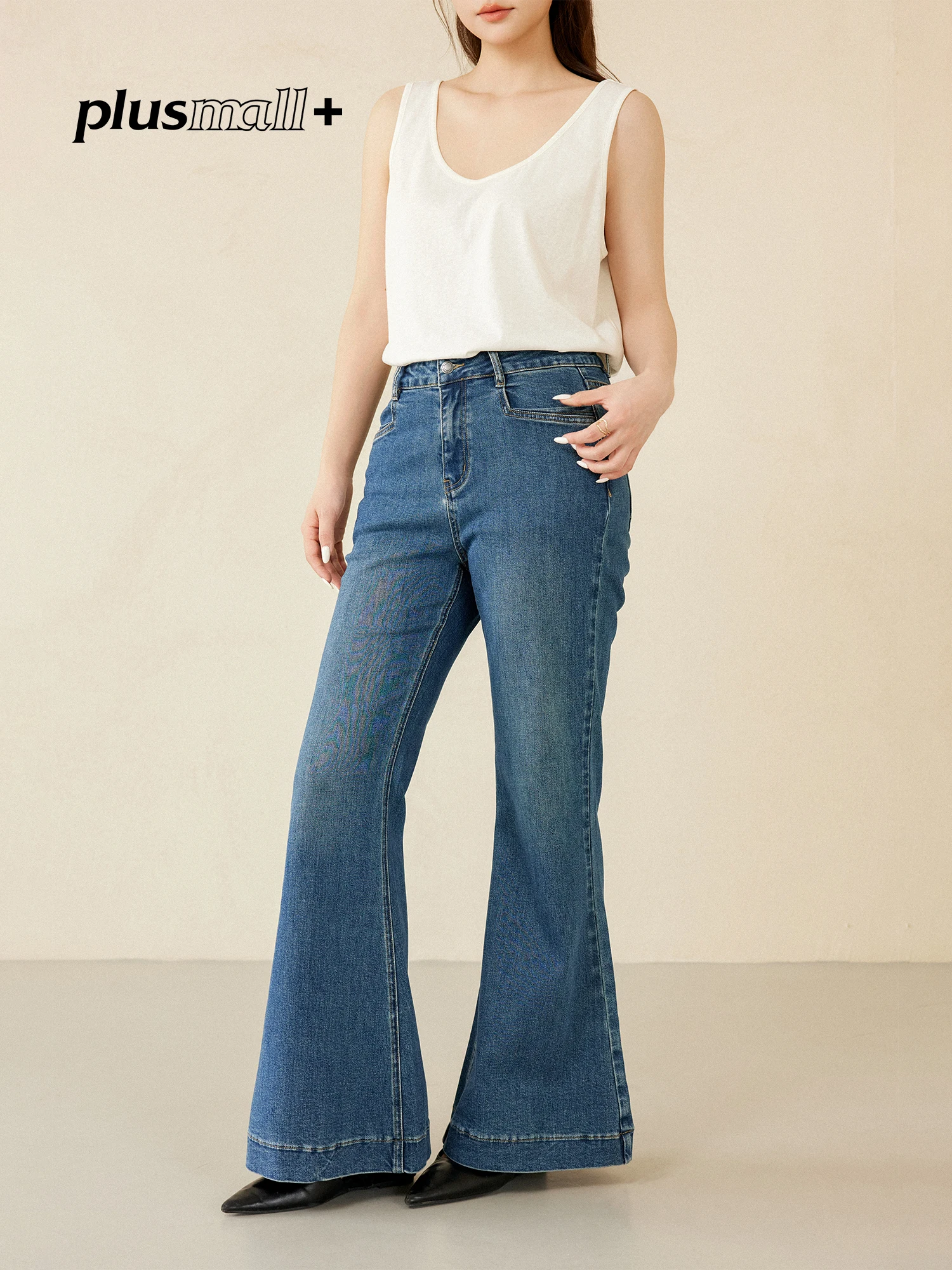 

Plusmall Vintage Washed Denim Bell Bottom Pants Women's plus Size Jeans Soft Touch Faded Effect Casual Trousers