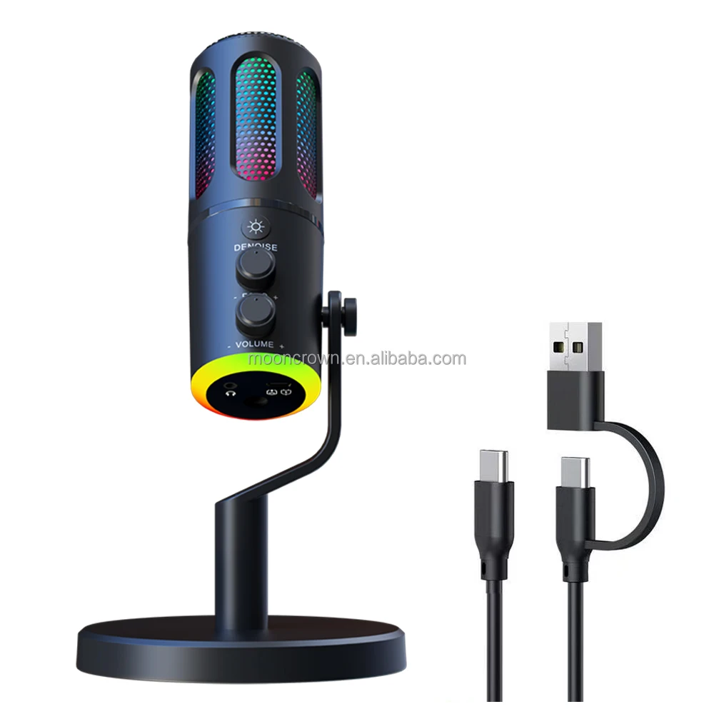 2025 New Professional Live Streaming USB Mic Podcast Recording Condenser Mic Game RGB Light Condenser Mike for Phone and Laptop