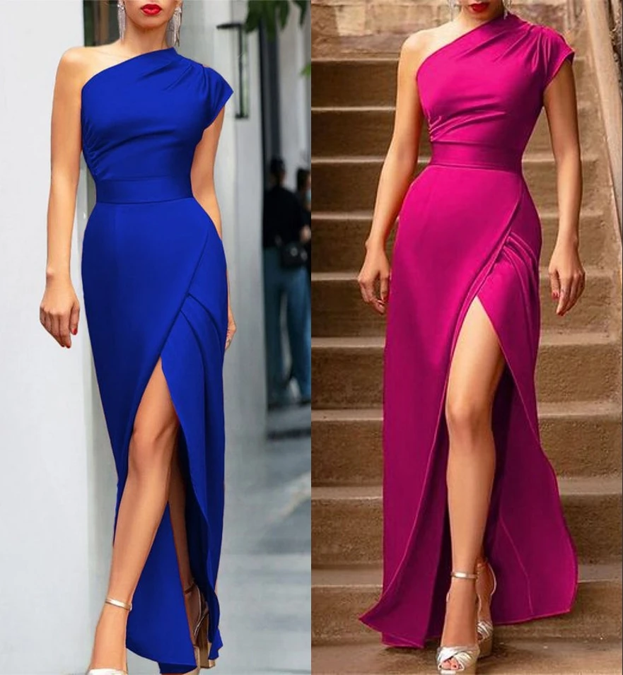 

One Shoulder Evening Dresses Blue Satin Mermaid Prom Gowns Fuchsia Formal Party Dress Celebrity Gowns ZD2316