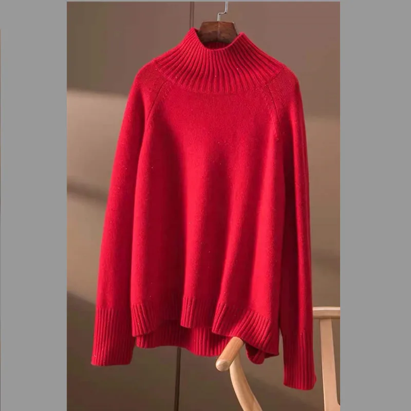 100% pure wool ladies pullover casual knitted plus size blouse autumn / winter thickening women\'s half high neck cashmere sweate